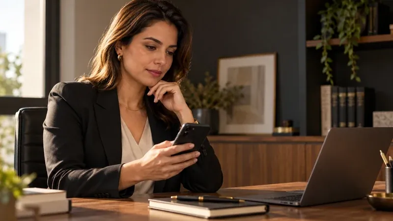 Advogada confere no celular uma solicitação de avaliação do escritório no Google