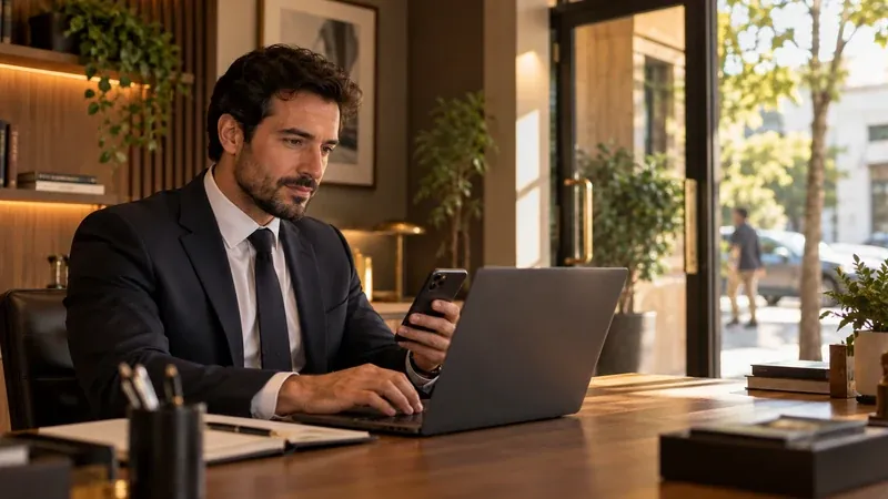 Advogado analisa no notebook o Perfil da Empresa do escritório no Google