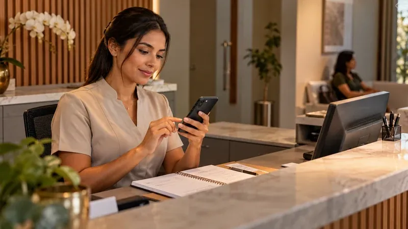 Recepcionista responde pelo celular a uma conversa de atendimento no WhatsApp
