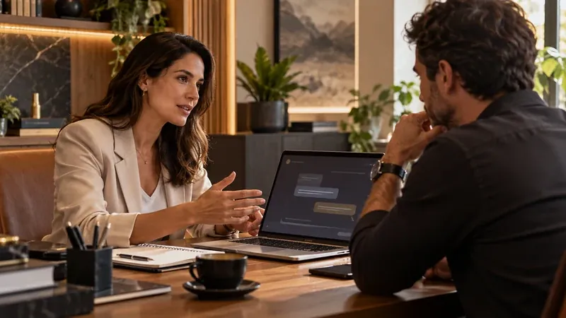 Consultores analisam no notebook uma recomendação de serviço feita pelo ChatGPT