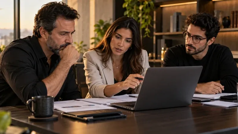 Empresário e consultores avaliam juntos uma proposta de agência de SEO