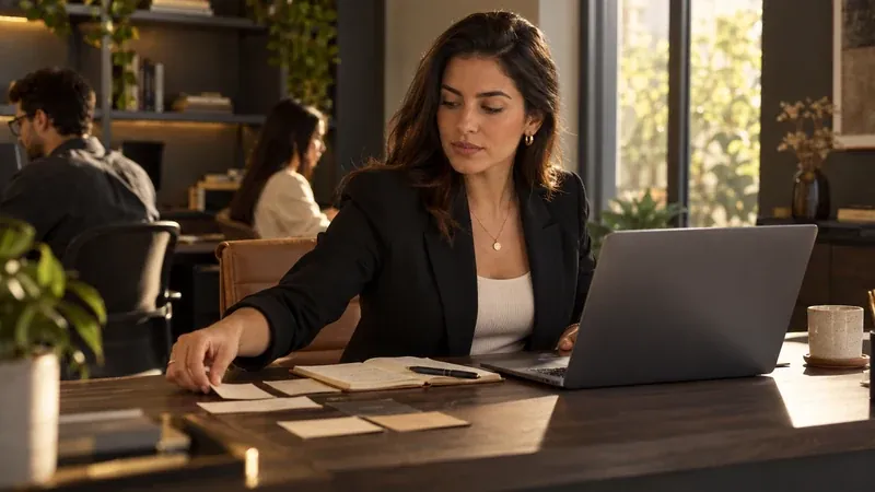Gestora organiza contatos de clientes ao lado do notebook em uma pequena empresa