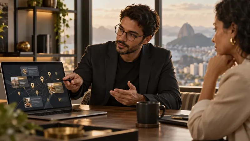 Consultor apresenta a uma empresária como o Perfil da Empresa alimenta respostas de inteligência artificial