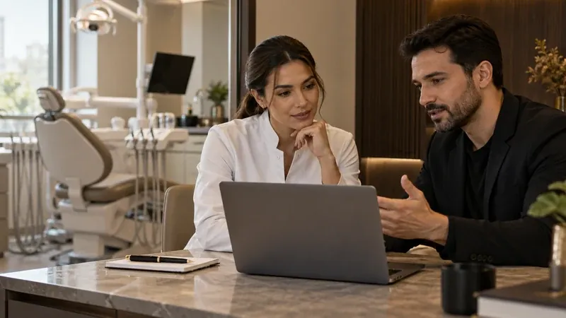 Dentista e consultor avaliam no notebook uma campanha de marketing odontológico