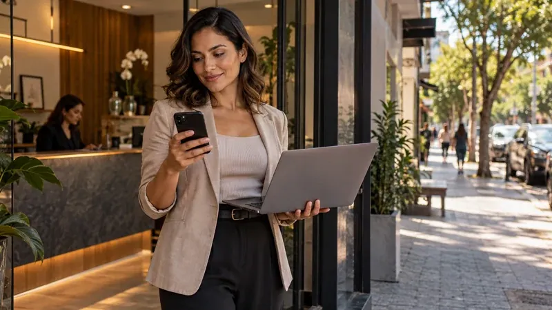 Empresária consulta no celular o Perfil da Empresa no Google diante de seu estabelecimento
