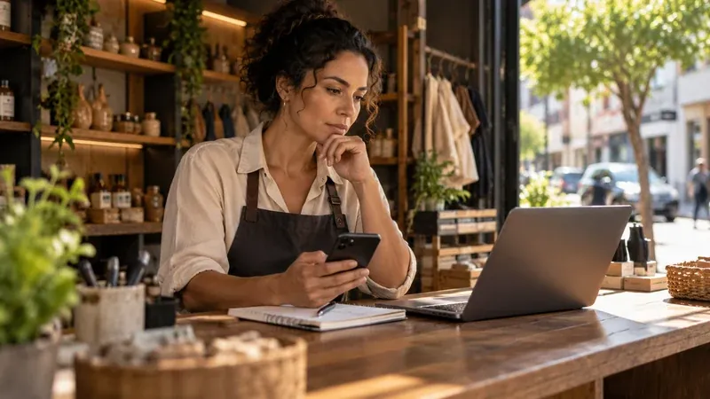 Empresária compara no notebook um site profissional e o Perfil da Empresa no Google