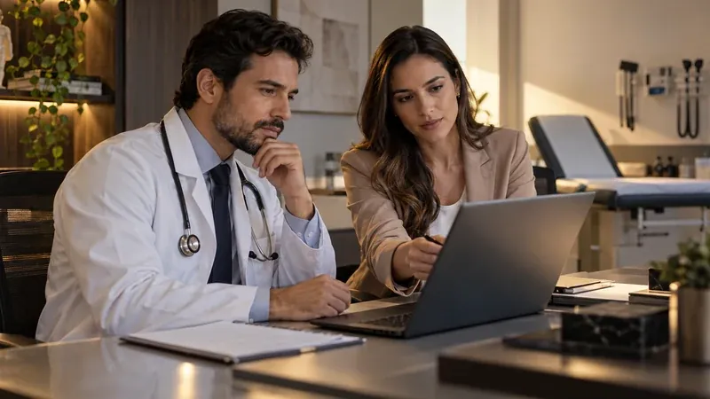 Médico e consultora revisam no notebook as regras de publicidade médica no Google