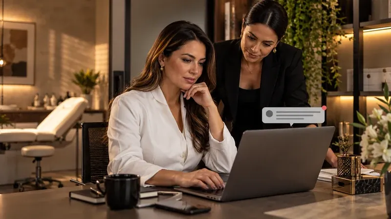 Profissionais redigem no notebook uma resposta cuidadosa a uma avaliação negativa no Google