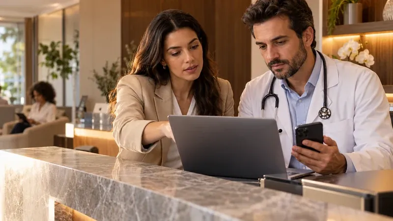 Médico e consultora avaliam no notebook o site de uma clínica