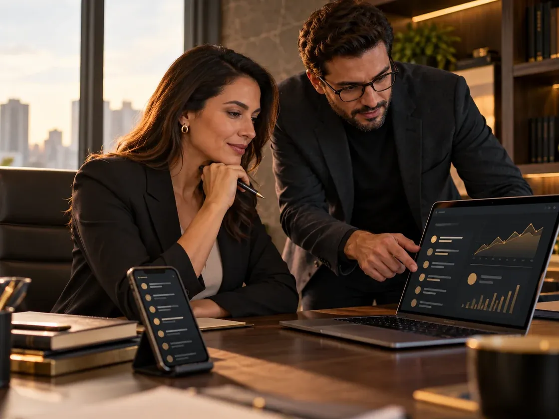 Advogada e consultor analisam no notebook os gráficos de desempenho de um perfil no Google