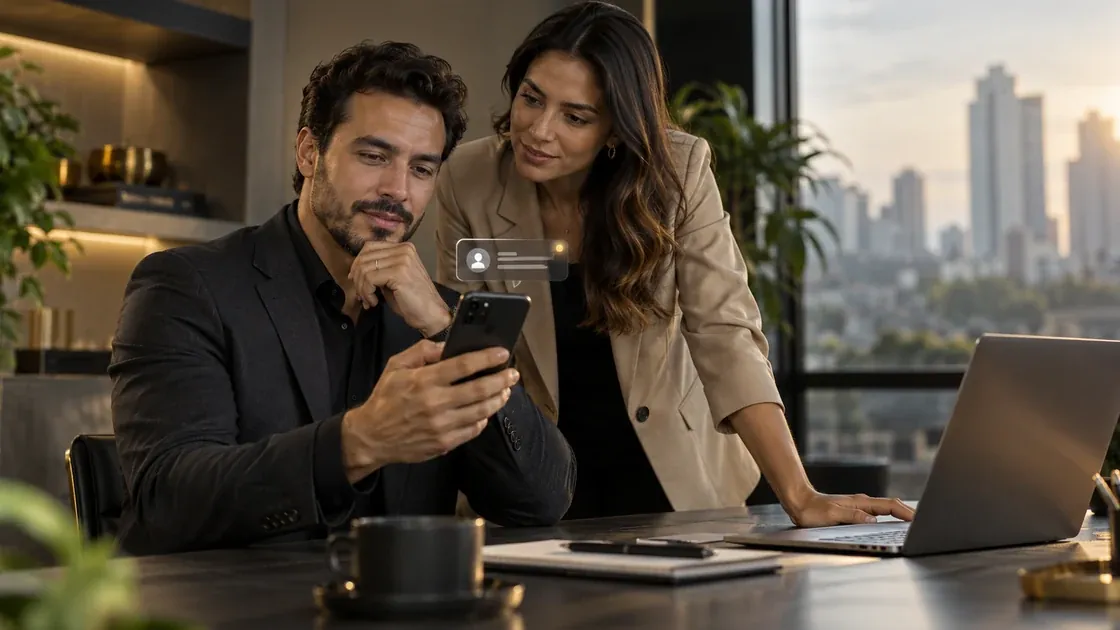 Equipe confere no celular os contatos de uma landing page enviados ao WhatsApp