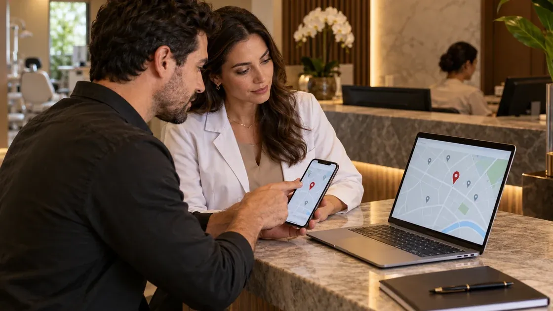 Consultores acompanham no notebook e no celular um Perfil da Empresa no Google Maps