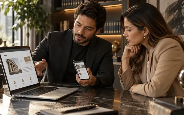 Consultores comparam no notebook e no celular o perfil e o site de uma empresa no Google
