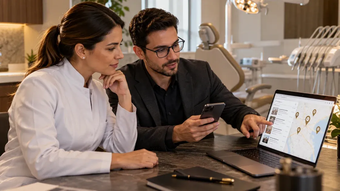 Dentista e consultor avaliam no notebook a presença de uma clínica no Google Maps