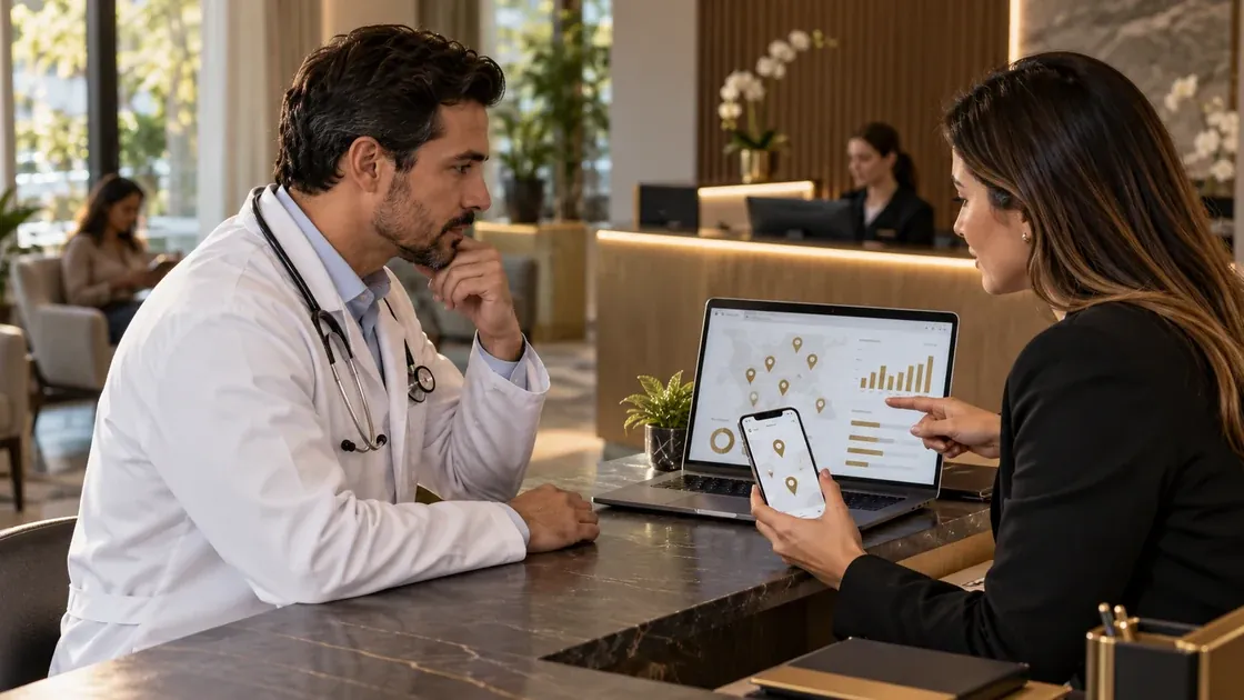 Médico e consultora revisam no notebook a presença de um consultório no Google